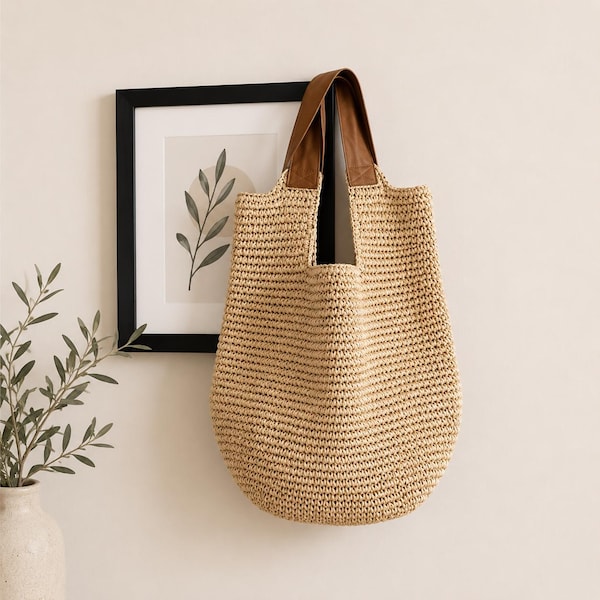 Bolso tote de paja tejida con asas marrones, bolso de hombro grande para la playa, bolso de compras de verano para el mercado.