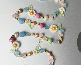 Daisy Garden Necklace | Aquamarine Rose Quartz & Freshwater Pearl, Cottagecore Floral Flower Pastel Jewelry | Gold Filled