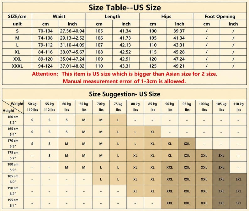 Peut inclure: Un tableau des tailles beige intitul&eacute; Size Table--US Size et Size Suggestion- US Size. Le tableau affiche les mesures de taille, longueur et hanches en cm et pouces pour les tailles S &agrave; XXXL, avec une grille de poids et taille.