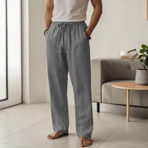 Pantalon à cordon de serrage en coton et lin pour hommes | Pantalon décontracté à jambe droite | Vêtements d'été légers et respirants Gray