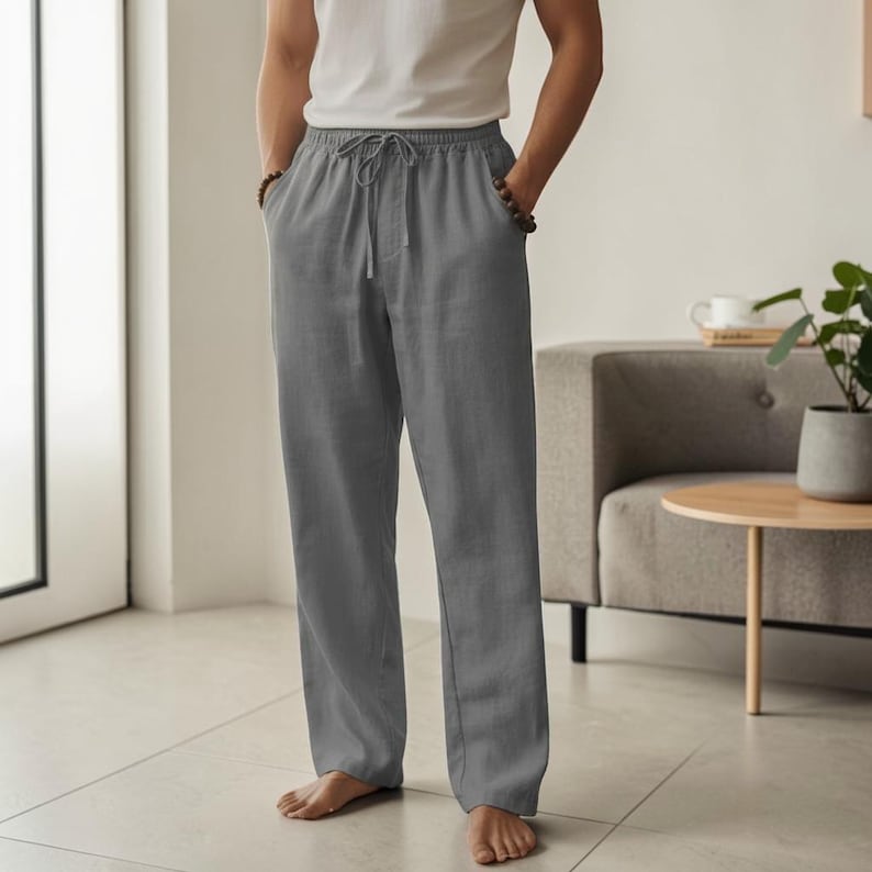 Pantalon à cordon de serrage en coton et lin pour hommes | Pantalon décontracté à jambe droite | Vêtements d'été légers et respirants Gray