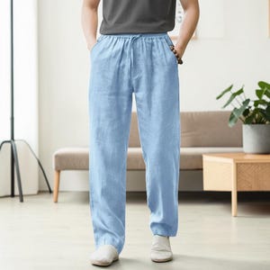 Pantalon à cordon de serrage en coton et lin pour hommes | Pantalon décontracté à jambe droite | Vêtements d'été légers et respirants Sky Blue