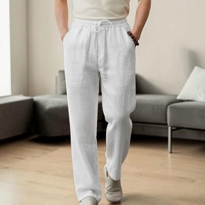 Pantalon à cordon de serrage en coton et lin pour hommes | Pantalon décontracté à jambe droite | Vêtements d'été légers et respirants White