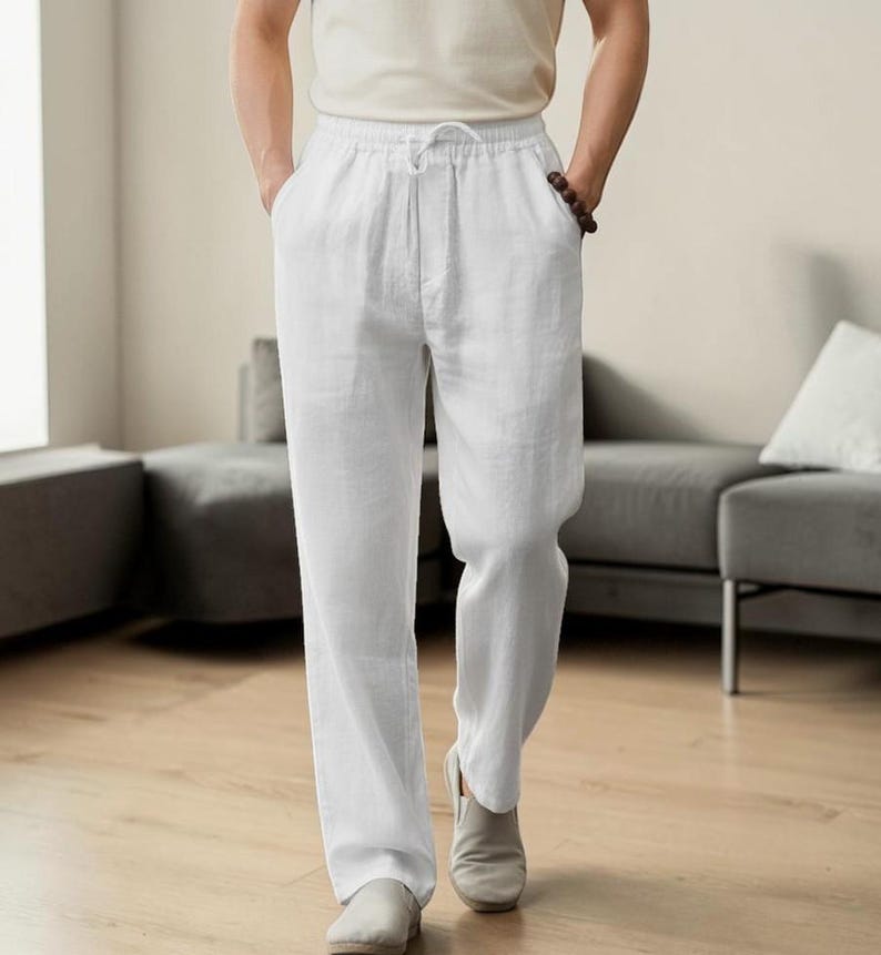 Pantalon à cordon de serrage en coton et lin pour hommes | Pantalon décontracté à jambe droite | Vêtements d'été légers et respirants White