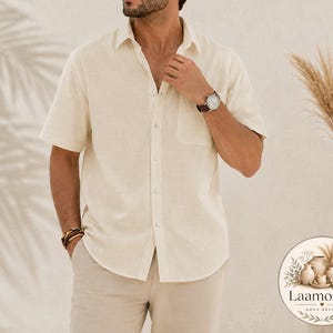 Men's Cotton Linen Short Sleeve Button Shirt Casual Lightweight Beach Vacation Pocket Summer Top