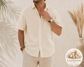 Chemise homme en coton et lin, manches courtes, boutons, légère, décontractée, idéale pour la plage et l'été, avec poche.