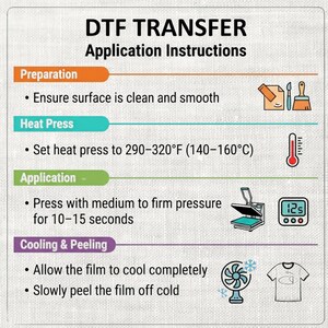 May include: An instructional guide titled DTF TRANSFER Application Instructions. It lists four steps: Preparation, Heat Press at 290-320&deg;F, Application with medium to firm pressure for 10-15 seconds, and Cooling & Peeling by allowing the film to cool completely.