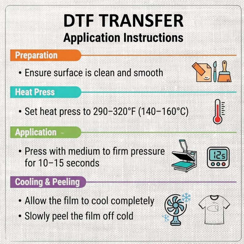 May include: An instructional guide titled DTF TRANSFER Application Instructions. It lists four steps: Preparation, Heat Press at 290-320&deg;F, Application with medium to firm pressure for 10-15 seconds, and Cooling & Peeling by allowing the film to cool completely.