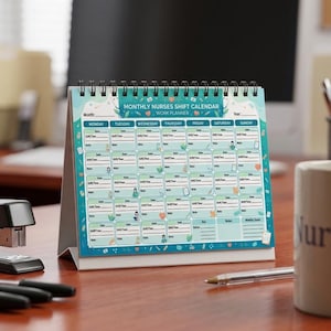 May include: A spiral-bound desk calendar titled Monthly Nurses Shift Calendar Work Planner. The teal and white grid features columns for days of the week, with designated spaces for date, shift time, and notes, decorated with small medical icons.