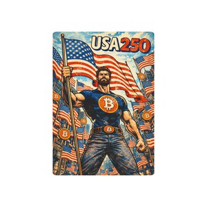 May include: A rectangular poster featuring a muscular figure in a blue t-shirt with a Bitcoin logo, holding a large American flag. The text USA250 appears at the top. The background shows a city skyline with multiple American flags and floating Bitcoin coins.