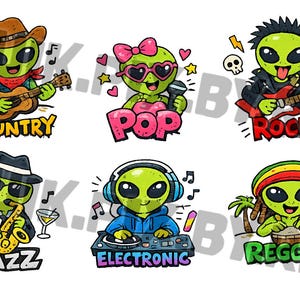 Op de afbeelding: Een set van zes cartoon alien illustraties die verschillende muziekgenres vertegenwoordigen. Elke groene alien is afgebeeld met specifieke accessoires en instrumenten, gelabeld met de tekst Country, Pop, Rock, Jazz, Electronic en Reggae in kleurrijke lettertypes.