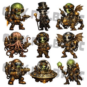 Może przedstawiać: Kolekcja dziewięciu różnych postaci obcych inspirowanych steampunkiem w różnych pozach i strojach, w tym figurki z goglami, mechanicznymi kombinezonami, skrzydłami, mackami i małym latającym spodkiem, utrzymane w odcieniach brązu, złota i zieleni.