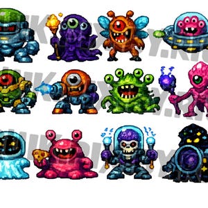 Retro Video Game Alien Clipart Bundle | 8‑Bit Pixel Characters | PNG | Digital Download