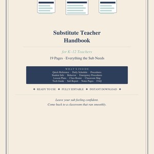 May include: A beige Substitute Teacher Handbook for K-12 teachers with 19 pages. The cover features the text Teach Class With Taylor, Substitute Teacher Handbook, and a list of contents including Quick Reference, Daily Schedule, and Procedures.