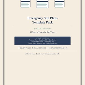 Emergency Sub Plans Template, Substitute Teacher Plans, Sub Folder, Teacher Sub Binder, Editable Sub Plans