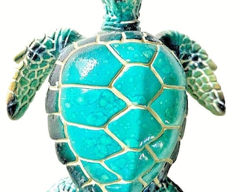 Sea Turtle Figurine 3.25" Long Textured Polystone Aqua Color Home Decor Gift