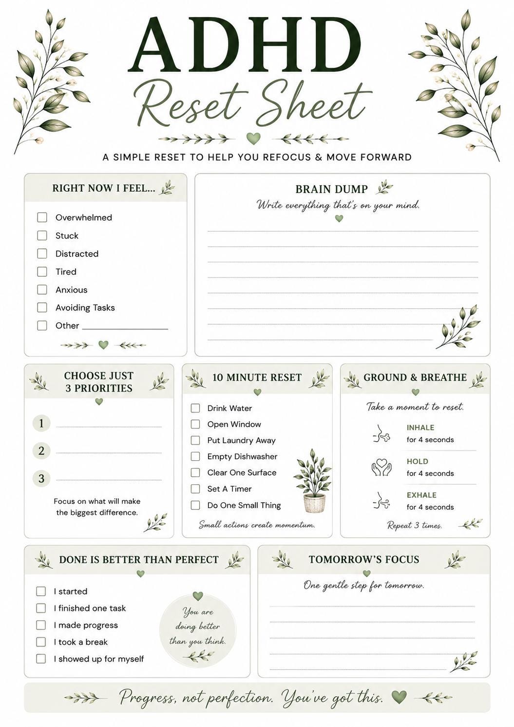 ADHD Reset Sheet Printable PDF | A4 Download - Etsy