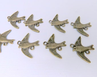 Eight Tiny Antique Brass Birds - Tiny Antique Brass Plated Swooping Bird with Loop, - VJSUP-211