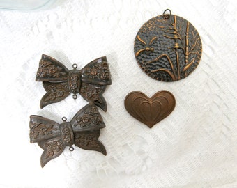 Destash USA Brass Lot - Brass OX chocolate metal bows - Vintage brass heart - Bamboo chocolate ox relief pressed brass - SP-135