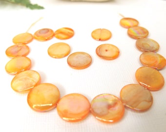 Mother of Pearl 19 flat round beads - Orange Peachy Mother of Pearl Beads - Fall Color Beads - Halloween Color Beads - JSP-205