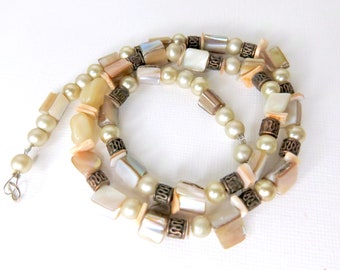 Recycled 19 inches of Neutrals, mother of Pearl, Glass Neutral Pearls, and Copper Spacers, Beads