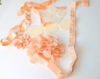 Peach and Gold Elastic Bow Making Remnants,  Headband Supplies Peach,  Women Headbands, Children Headband supply - SEW-12