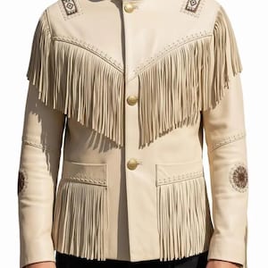 Herren Beige Western Fringe Lederjacke, Native inspirierte Rodeo Oberbekleidung