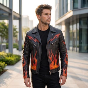 Giacca da uomo in ecopelle nera con fiamme, cappotto da motociclista, giacca da moto rossa con fiamme, capospalla punk rock gotico