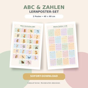 May include: A set of two educational posters measuring 40 x 60 cm, titled ABC & ZAHLEN LERNPOSTER-SET. One poster features an animal alphabet from A to Z, while the other displays numbers 1 through 20 with corresponding dot counts in pastel colors.