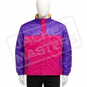 May include: A colour-blocked puffer jacket featuring a vibrant purple upper section and a bright pink lower section. The jacket has a high collar with a yellow interior lining, a front button closure, and two side pockets with purple trim.