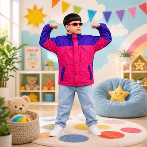 May include: A color-blocked jacket featuring a vibrant purple upper section and a bright pink lower section, paired with light blue denim jeans and red-tinted sunglasses. The jacket has a high collar, long sleeves, and a front button closure.
