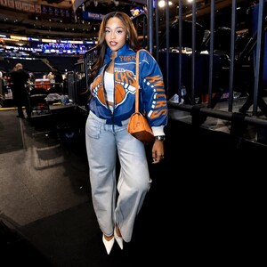 New York Basketball Bomber Jacket, Blue Orange Varsity Style, Karl Anthony Towns 32