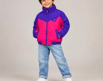 Chaqueta cortavientos infantil estilo retro de los 90 con bloques de color / Abrigo rosa y morado / Chaqueta de esquí vintage / Prenda de abrigo de invierno unisex / Regalo para niños y niñas