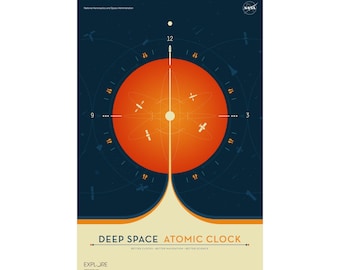 NASA Deep Space Atomic Clock Poster- Orange  Version- Retro JPL Space Technology Art - Vintage Science Print - Mid Century Modern Wall Decor