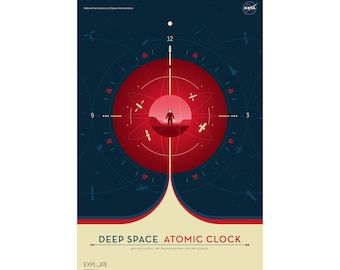 NASA Deep Space Atomic Clock Poster - Red Version - Retro JPL Space Technology Art - Vintage Science Print - Mid Century Modern Wall Decor