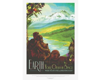 NASA Visions of the Future Poster - Earth Your Oasis in Space Retro Art - Vintage Travel Print - Mid Century Modern Wall Decor Gift