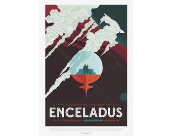NASA Visions of the Future Poster - Enceladus Cold Faithful Retro Art - Vintage Space Moon Travel Print - Mid Century Modern Wall Decor Gift