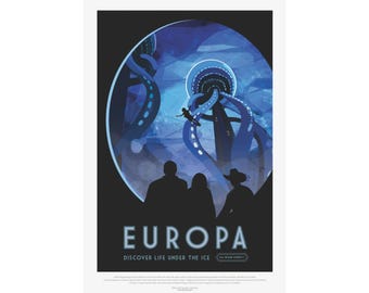 NASA Visions of the Future Poster-Europa Discover Life Under the Ice Retro Art-Vintage Space Travel Print-Mid Century Modern Wall Decor Gift