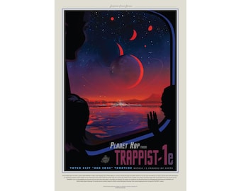 NASA Visions of the Future Poster - TRAPPIST-1e Planet Hopping Retro Art - Vintage Space Travel Print - Mid Century Modern Wall Decor Gift