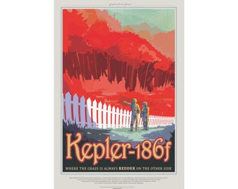 NASA Visions of the Future Poster - Kepler-186f Red Grass Art - Vintage Space Travel Print - Mid Century Modern Wall Decor Gift MCM Artemis