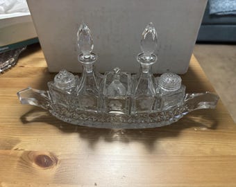 Vintage Cut Crystal Cruet Set | Boat Tray | Oil Vinegar Decanters Salt Pepper Mustard | Complete | c.1950s–70s