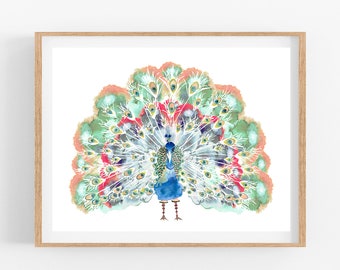 Peacock -- Art Print watercolor whimsical spirit animal bird wild cute children kid wall art