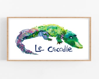 Le Crocodile -- Giclee Art Print whimsical wild animal reptile nursery kid room  wall art
