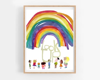 Look Up Rainbow --  Whimsical Giclee Art Print imagination kids pride diversity people inspiration room decor