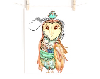 Fancy Owl Art Print- Whimsical spirit animal nature mother child wisdom kid nursery decor giclee