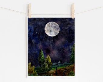 Navigation by Moon & Stars-- Art Print Whimsical Kids in Wild Nature Outside Night Sky Wall Decor