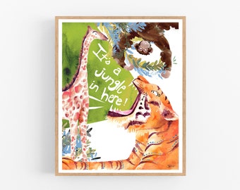 It's a Jungle in Here -- Giclee Art Print Jungle Animal Monkey Tiger Giraffe Children Nursery Wall Art