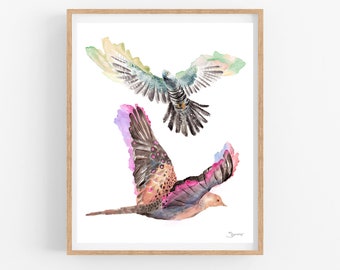 Flying Migratory Birds-- Giclee Art Print whimsical wild animal  bohemian watercolor