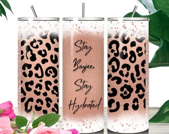 Stay Boujee, Stay Hydrated, Rose Gold, Leopard Print, 20oz, Skinny Tumbler