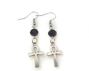 Black and Silver Ankh Earrings,Ankh Crystal Earrings,Ankh Silver Earrings,Crystal Earrings,Ankh Earrings,Cross Earrings,Africa Earrings